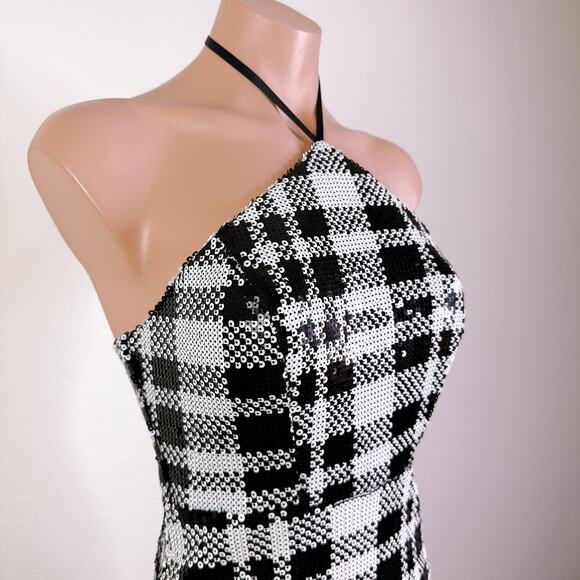 Dear Moon Plaid Sequin Tie Halter Mini Dress Retro Y2K HOCO Juniors 1 XS NWT - Picture 4 of 13